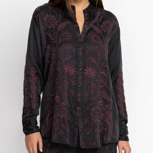 Johnny Was Chloe Burgundy on Black Embroidered Top L NWT - Picture 2 of 6